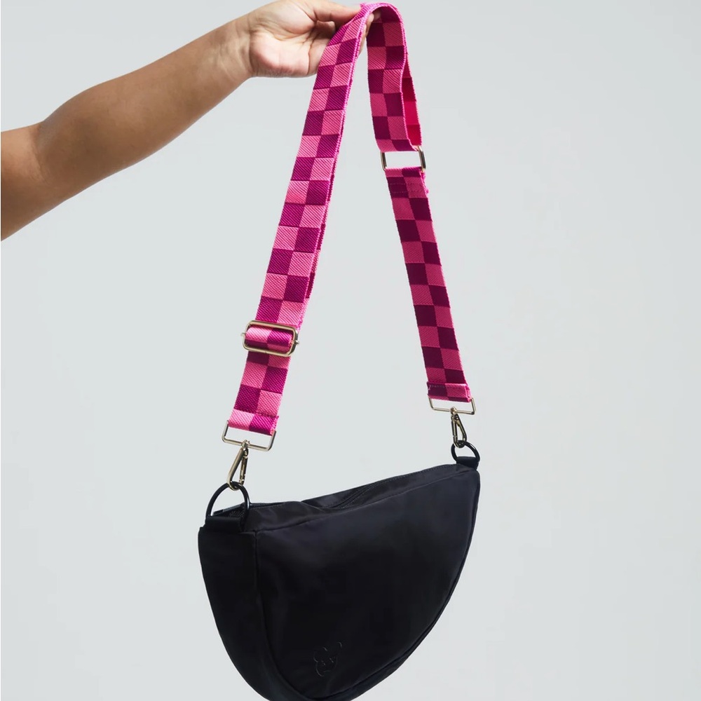 Black Crossbody Bag with Pink Checkered Strap